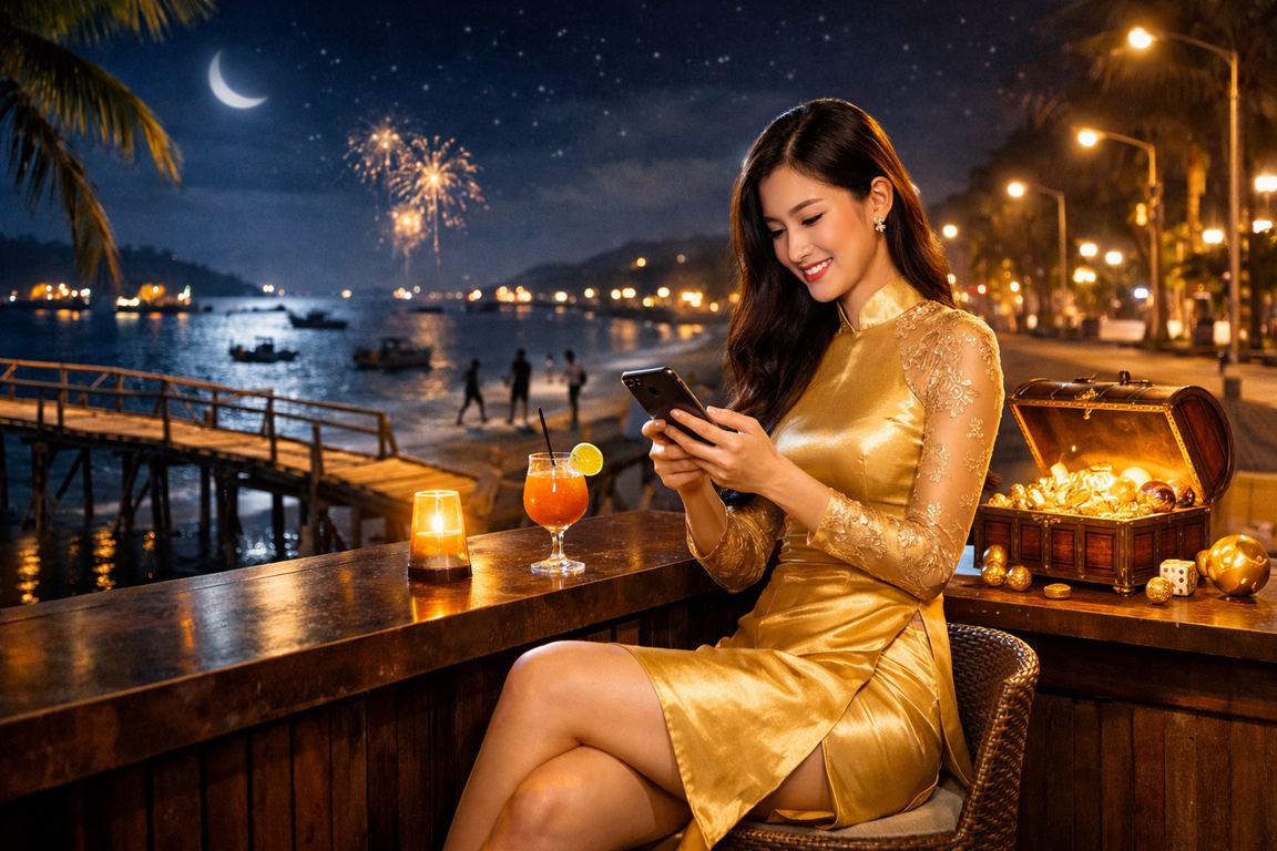 Người dùng tại Mũi Né truy cập kèo thể thao trên điện thoại di động bên bờ biển